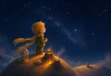 O pequeno príncipe no seu planeta olhando as estrelas, com a rosa na redoma