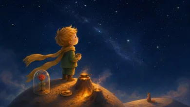 O pequeno príncipe no seu planeta olhando as estrelas, com a rosa na redoma